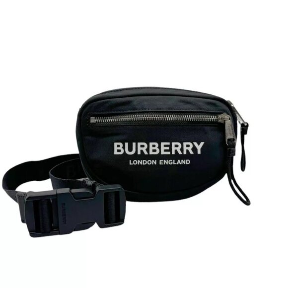 Auth BURBERRY Body Bag Waist Bag Black Nylon/Silvertone